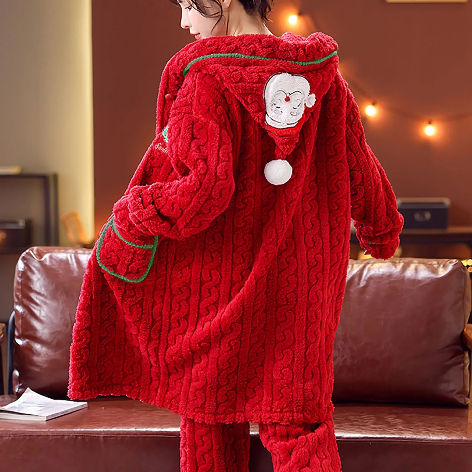 Ladies Fall Winter Coralfleece Pajamas Christmas Fashion Red Hoodies Nightwear Suit 2 Piece Sets Y2K Warm Sleepwear Loungewear - FabFemina