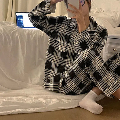 QWEEK Plaid Christmas Pajamas Women Korean Sleepwear Autumn Pijamas Cute Clothes Pyjamas 2 Piece Pants Sets Loungewear Pj Suit - FabFemina