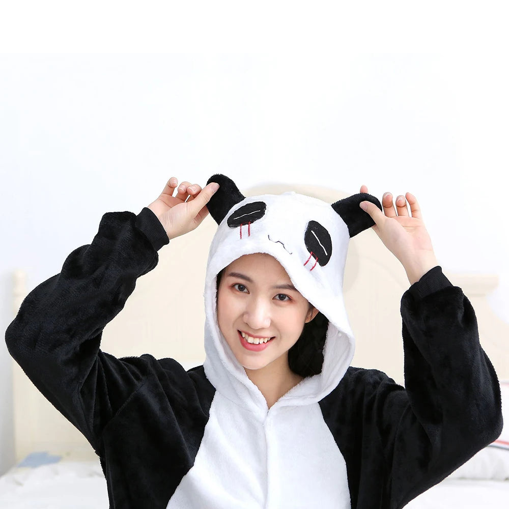Winter Adults Animal Panda Onesies Women Men Unisex Anime Pajamas Cartoon Costumes Christmas Hooded Jumpsuits Flannel Pyjamas - FabFemina
