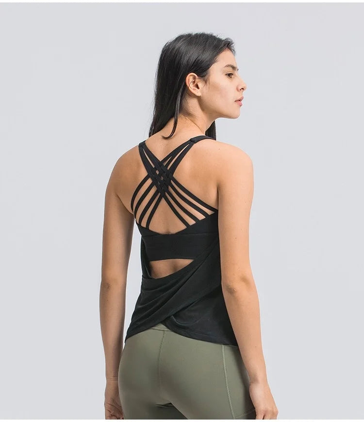 2 in 1 FLY Crisscross Yoga Gym Tank Tops With Inside Bra Women Loose Fit Soft Workout Fitness Vest Sport Sleeveless Shirts - FabFemina