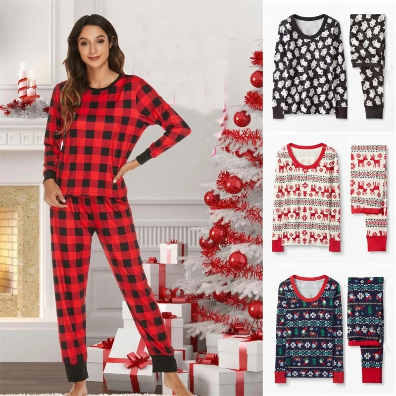 Women Men Christmas Pajamas Long Sleeve Pj Set Printed Shirt Tops and Long Pants Casual PJ Loungewear - FabFemina