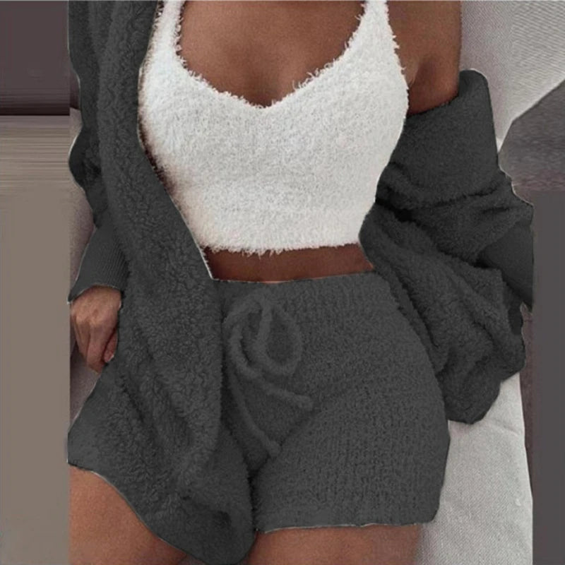 Fluffy Pajamas Set for Women Casual Sleepwear Tank Top and Shorts Leisure Home suit Winter 3 Pieces Pajamas - FabFemina