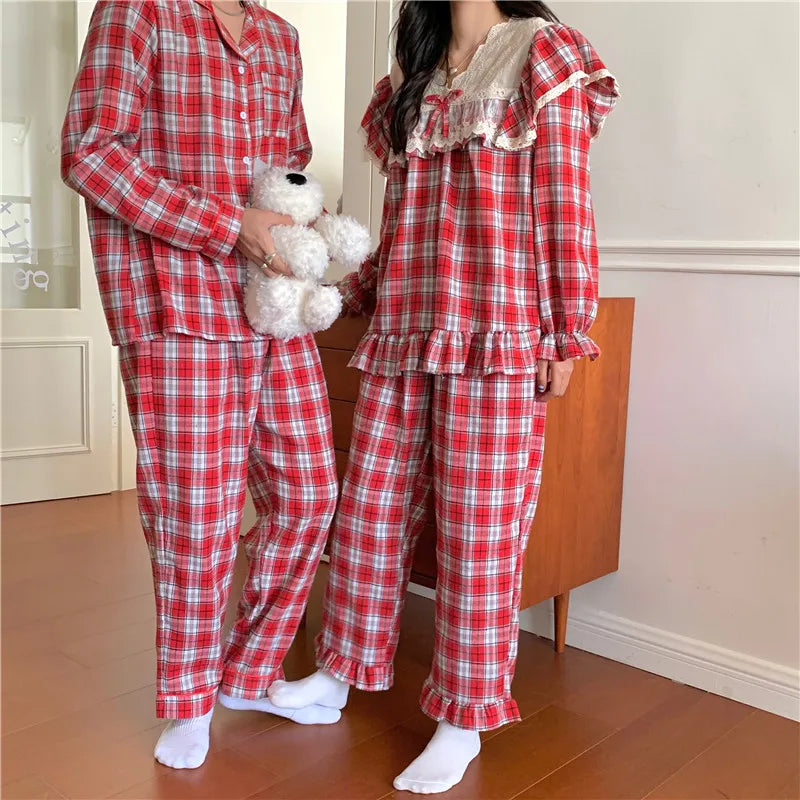 Loose Casual Couple Pajamas Sweet Lace Vintage Red Plaid  Thick  Nightwear Autumn Winter Princess Style Christmas Homewear D711 - FabFemina