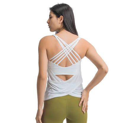 2 in 1 FLY Crisscross Yoga Gym Tank Tops With Inside Bra Women Loose Fit Soft Workout Fitness Vest Sport Sleeveless Shirts - FabFemina