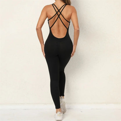 Women Yoga Backless Jumpsuit Fitness Catsuit Bodysuit Sportswear Scrunch Booty Leggings Workout Sexy One Piece Sets Gym Clothing - FabFemina