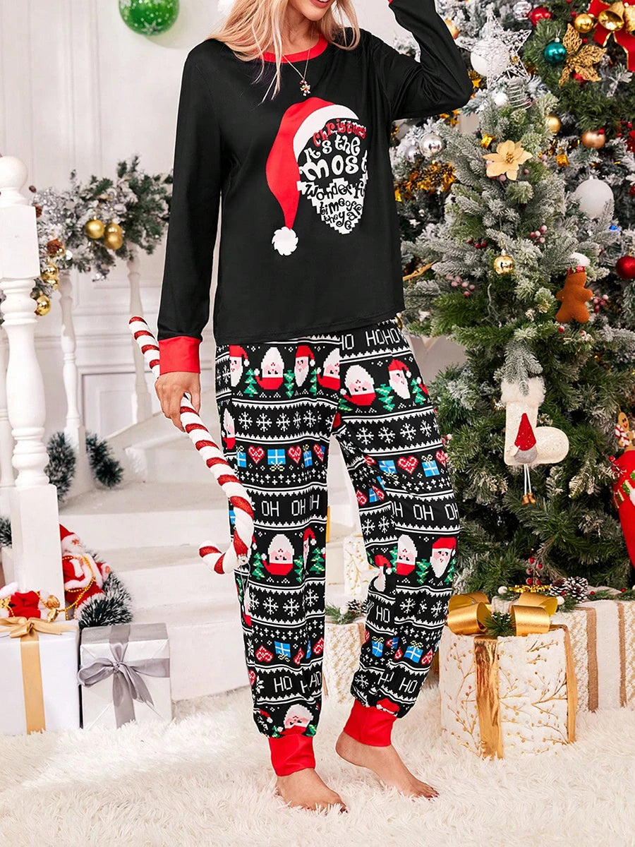 Womens 2 Piece Christmas Pj Sets Long Sleeve Crewneck Santa Claus Print Top and Drawstring Lounge Pants Soft Comfy Sleepwear - FabFemina