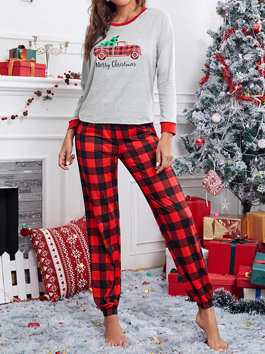 Women Christmas Pajamas Sets Car Plaid Print Long sleeve Tops Pants Female Home Clothes Sleepwear Homewear Loungewear Sets - FabFemina