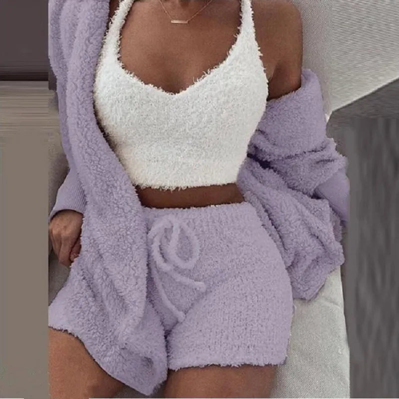 Fluffy Pajamas Set for Women Casual Sleepwear Tank Top and Shorts Leisure Home suit Winter 3 Pieces Pajamas - FabFemina