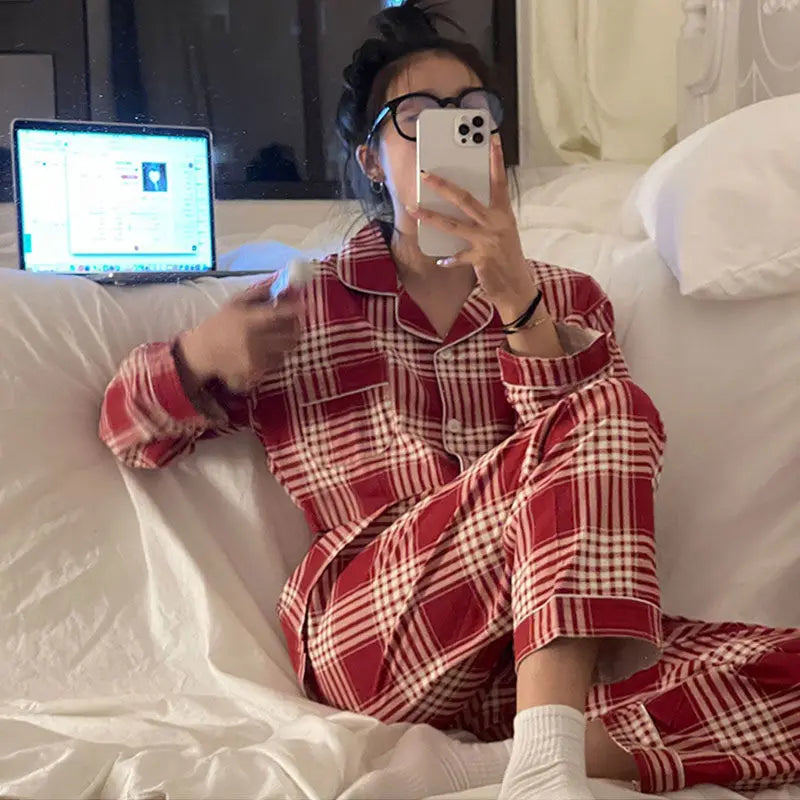 QWEEK Plaid Christmas Pajamas Women Korean Sleepwear Autumn Pijamas Cute Clothes Pyjamas 2 Piece Pants Sets Loungewear Pj Suit - FabFemina