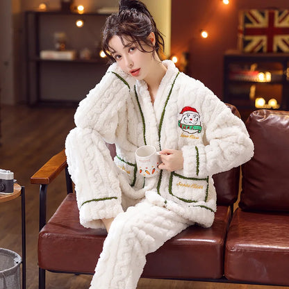 Autumn Winter Women 2 Piece Thick Coral Velvet Pajamas Set Contrast Color Female Buttons Long Sleeve Christmas - FabFemina