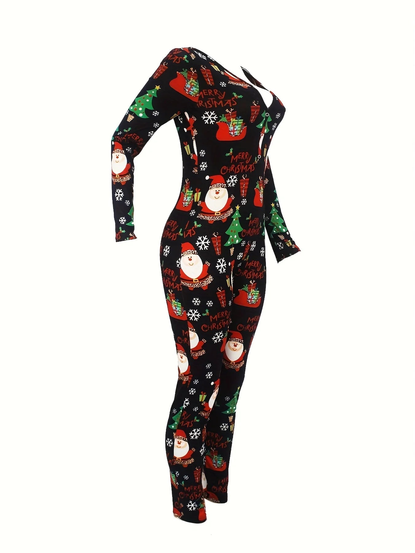 Christmas Print Lounge Jumpsuit, Cute Long Sleeve V Neck Buttons Jumpsuit, Women's Loungewear & Sleepwear - FabFemina