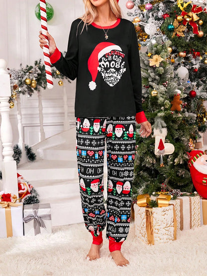 Womens 2 Piece Christmas Pj Sets Long Sleeve Crewneck Santa Claus Print Top and Drawstring Lounge Pants Soft Comfy Sleepwear - FabFemina