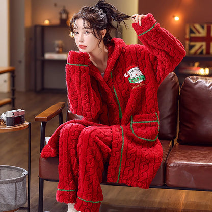 Ladies Fall Winter Coralfleece Pajamas Christmas Fashion Red Hoodies Nightwear Suit 2 Piece Sets Y2K Warm Sleepwear Loungewear - FabFemina