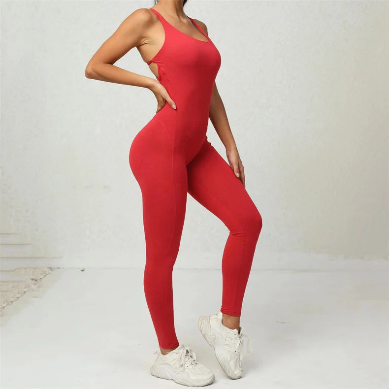 Women Yoga Backless Jumpsuit Fitness Catsuit Bodysuit Sportswear Scrunch Booty Leggings Workout Sexy One Piece Sets Gym Clothing - FabFemina
