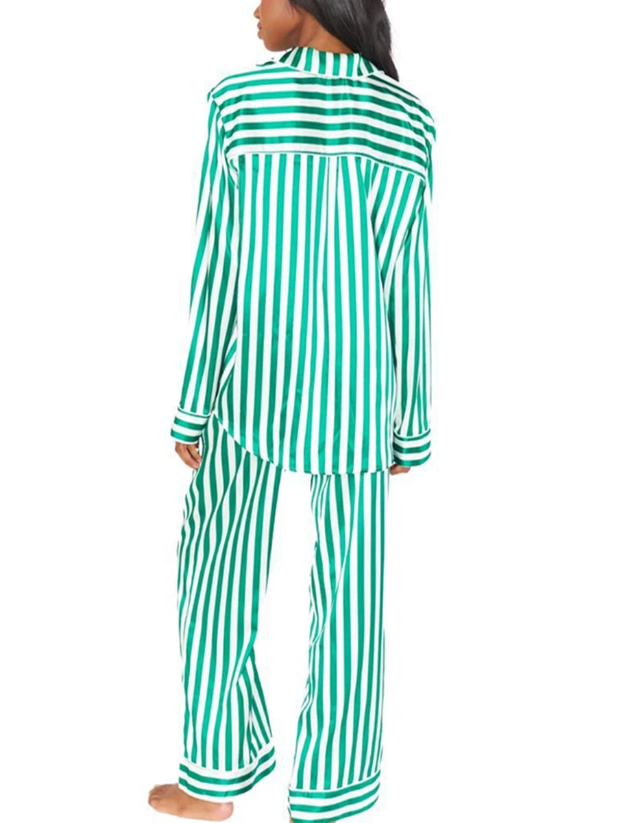 Women Red/Green Christmas Pajama Set Striped Long Sleeve Button Up Shirt with Long Pants Sleepwear Loungewear New Year 2024 - FabFemina