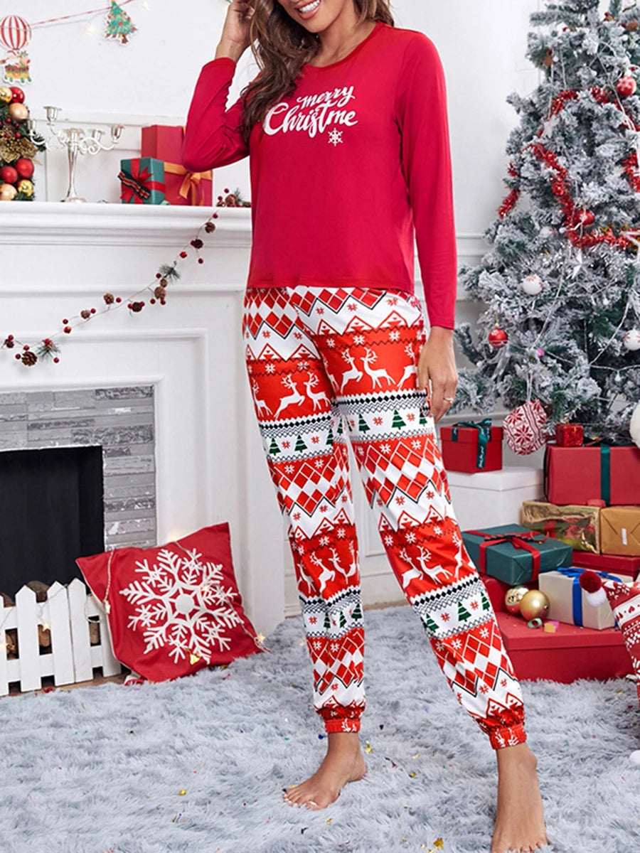 Women s Christmas Pajama Set Festive Long Sleeve T-shirt with Santa Claus Print Pants Cozy Sleepwear Loungewear - FabFemina