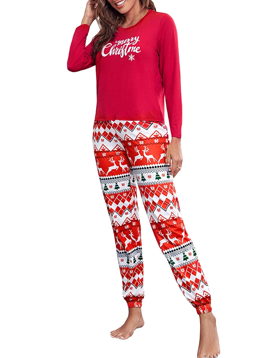 Women s Christmas Pajama Set Festive Long Sleeve T-shirt with Santa Claus Print Pants Cozy Sleepwear Loungewear - FabFemina