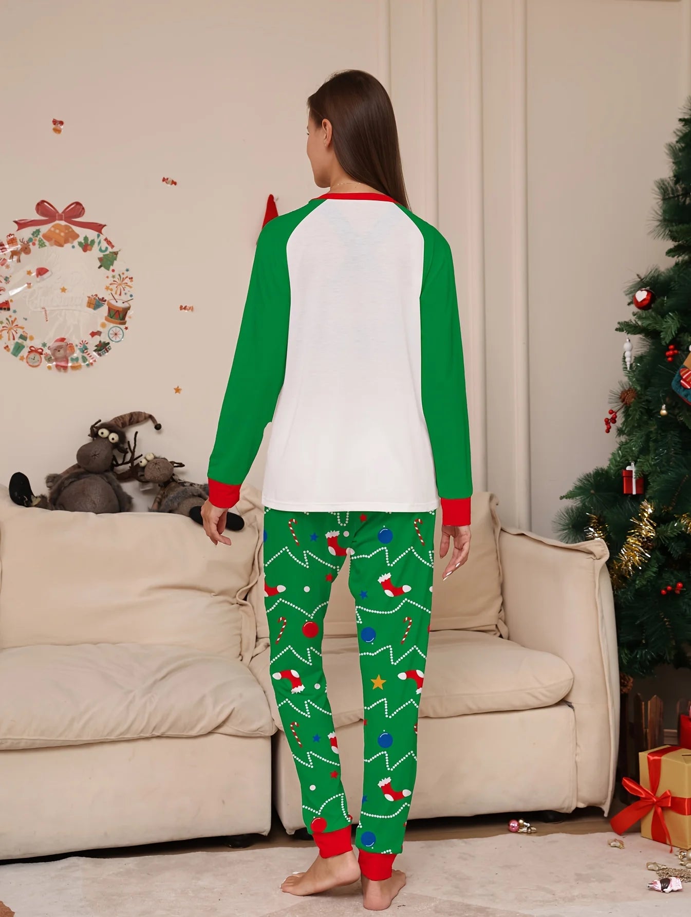 Christmas Trees Print Pajama Set, Long Sleeve Crew Neck Top & Elastic Waistband Pants, Women's Sleepwear & Loungewear - FabFemina
