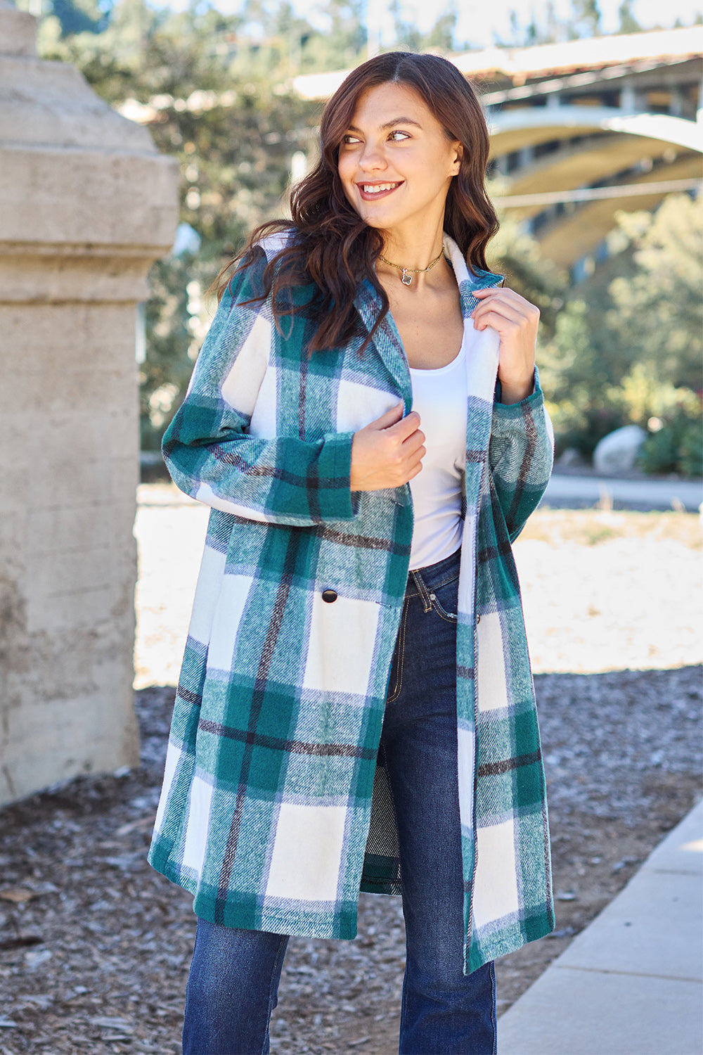 Double Take Full Size Plaid Button Up Lapel Collar Coat - FabFemina