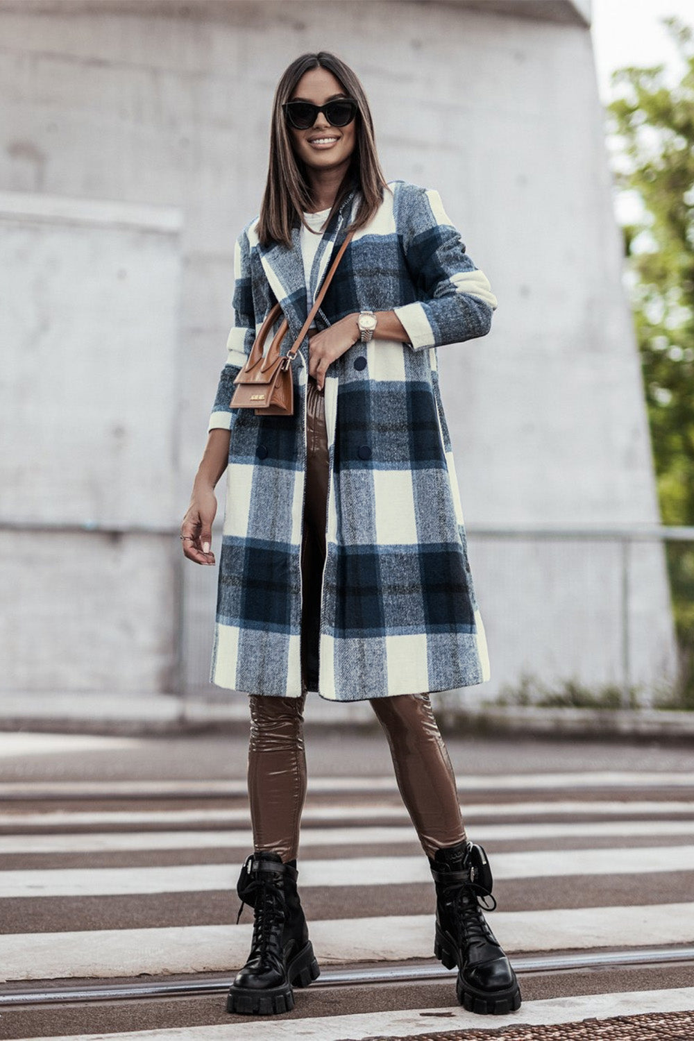 Double Take Full Size Plaid Button Up Lapel Collar Coat - FabFemina