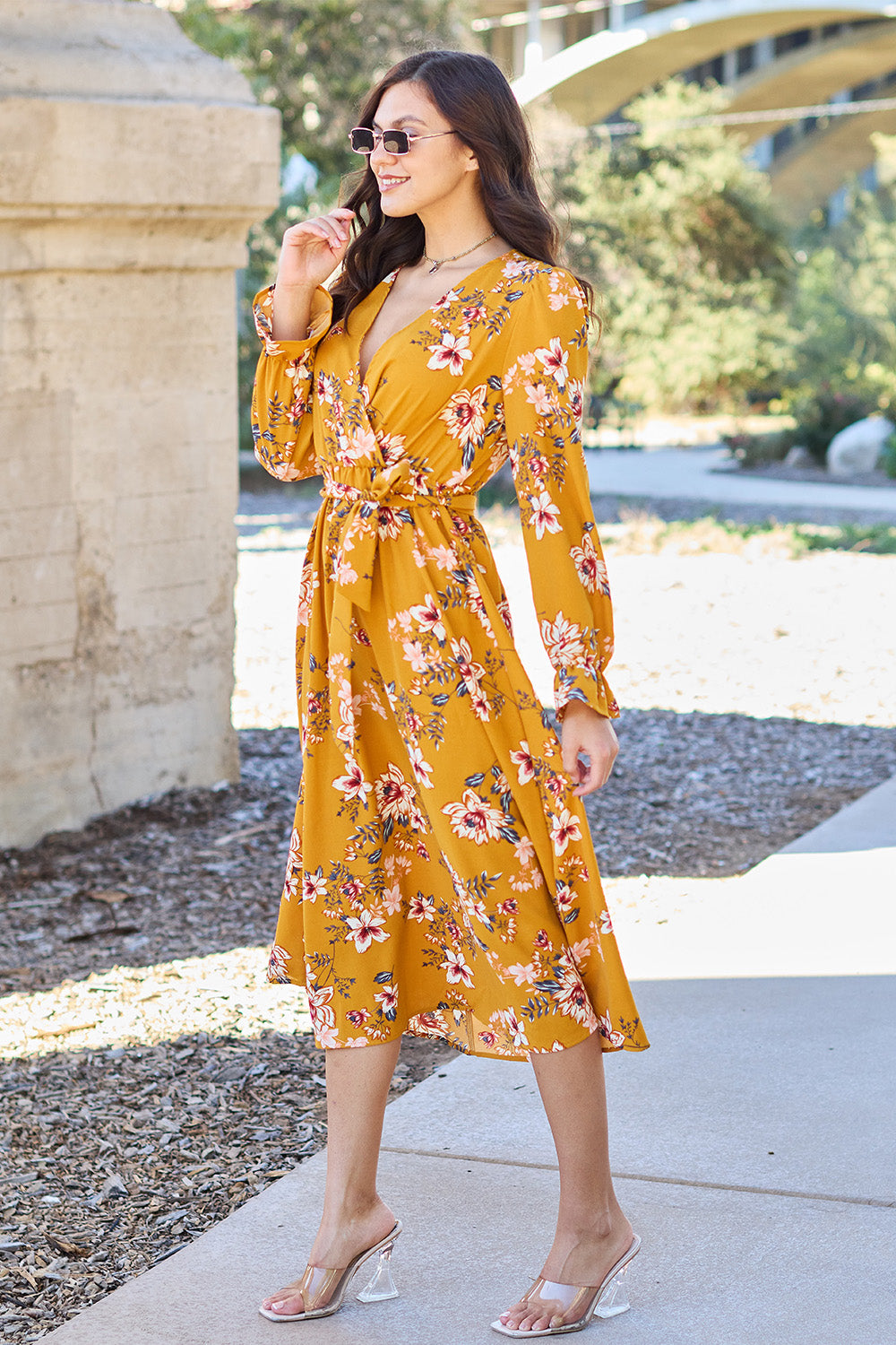 Double Take Full Size Floral Tie Back Flounce Sleeve Dress - FabFemina
