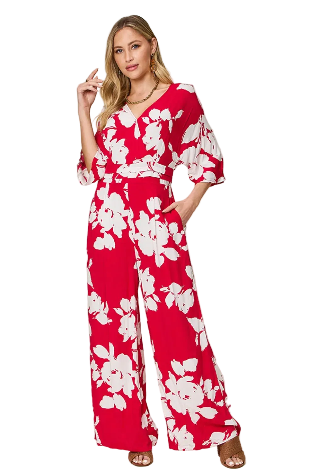 Double Take Full Size Printed Tie Back Wide Leg Jumpsuit - FabFemina