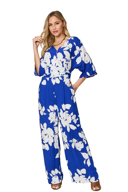 Double Take Full Size Printed Tie Back Wide Leg Jumpsuit - FabFemina