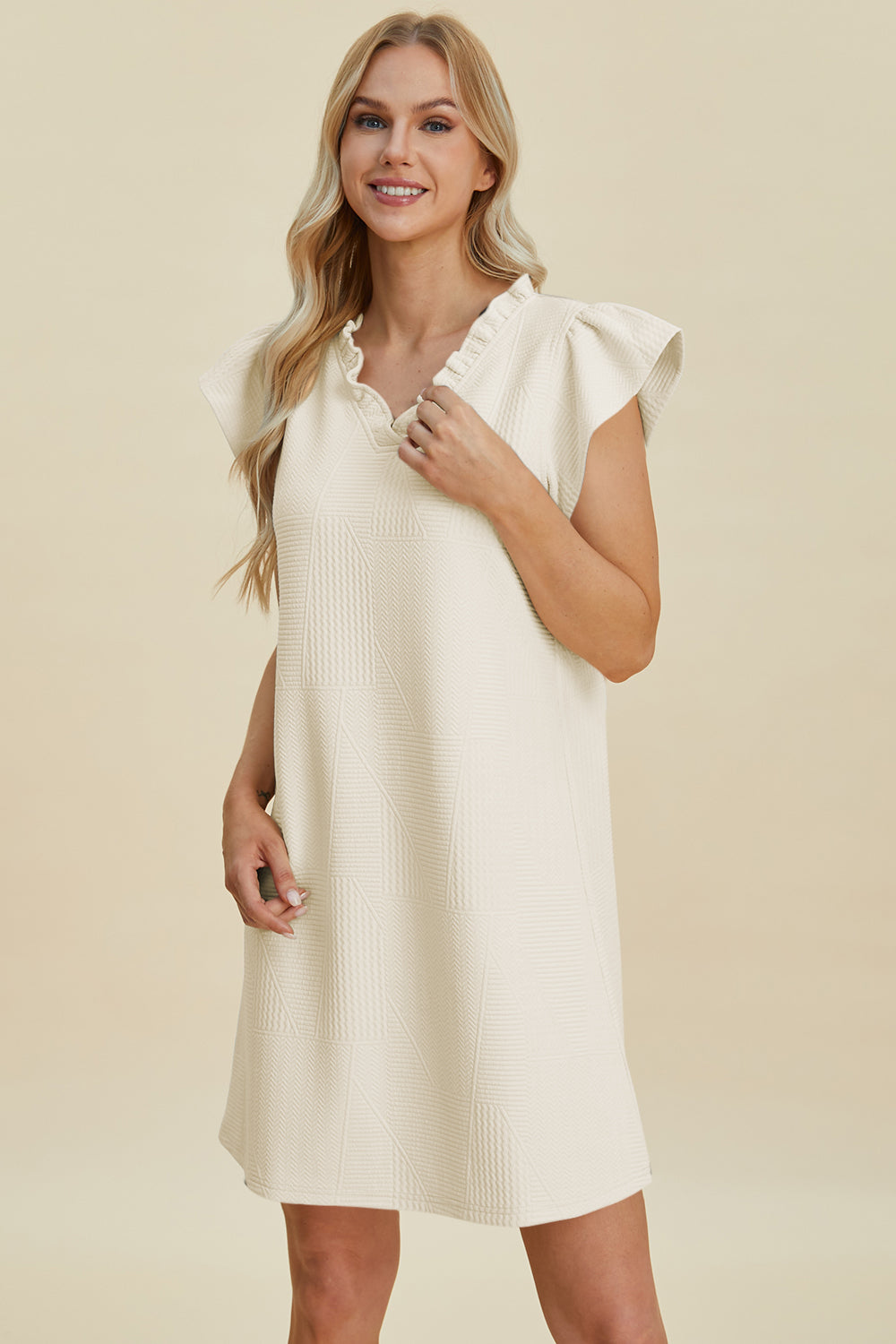 Double Take Full Size Ruffled V-Neck Cap Sleeve Dress - FabFemina