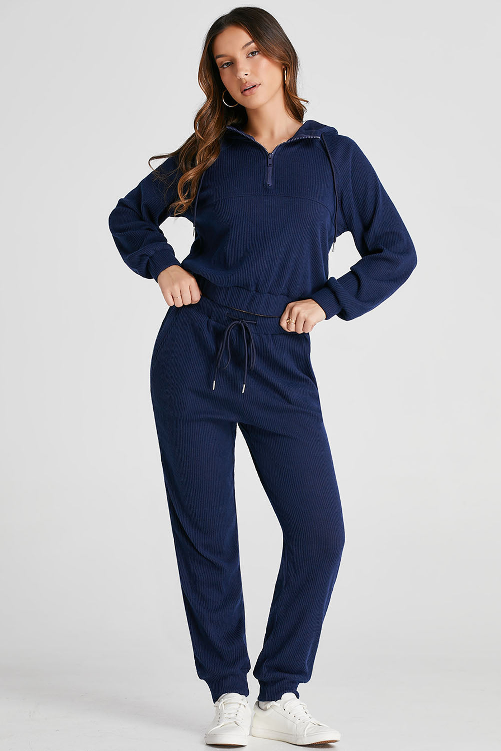 Drawstring Half Zip Hoodie and Joggers Active Set - FabFemina