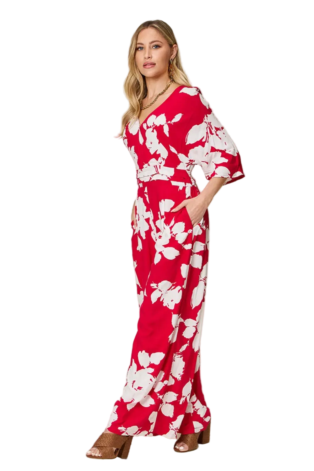 Double Take Full Size Printed Tie Back Wide Leg Jumpsuit - FabFemina