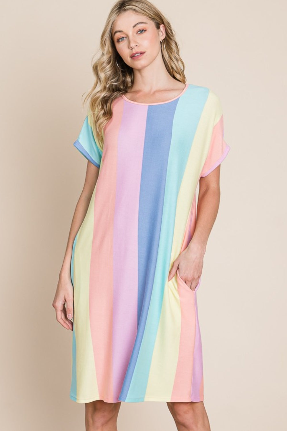 BOMBOM Striped Short Sleeve Dress with Pockets - FabFemina