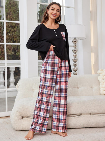 Round Neck Long Sleeve Top and Plaid Pants Lounge Set Christmas