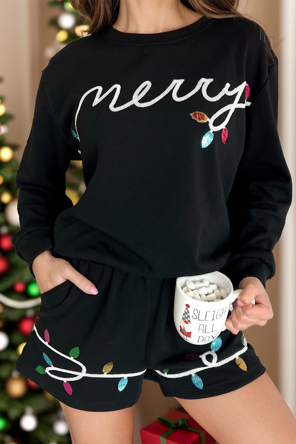 MERRY Sequin Round Neck Long Sleeve Top and Shorts Set Christmas