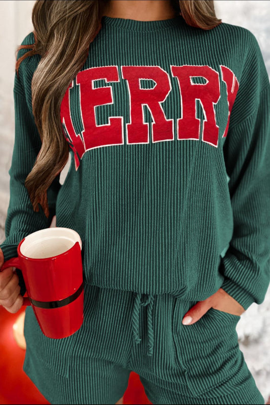 MERRY Round Neck Long Sleeve Top and Shorts Set Christmas