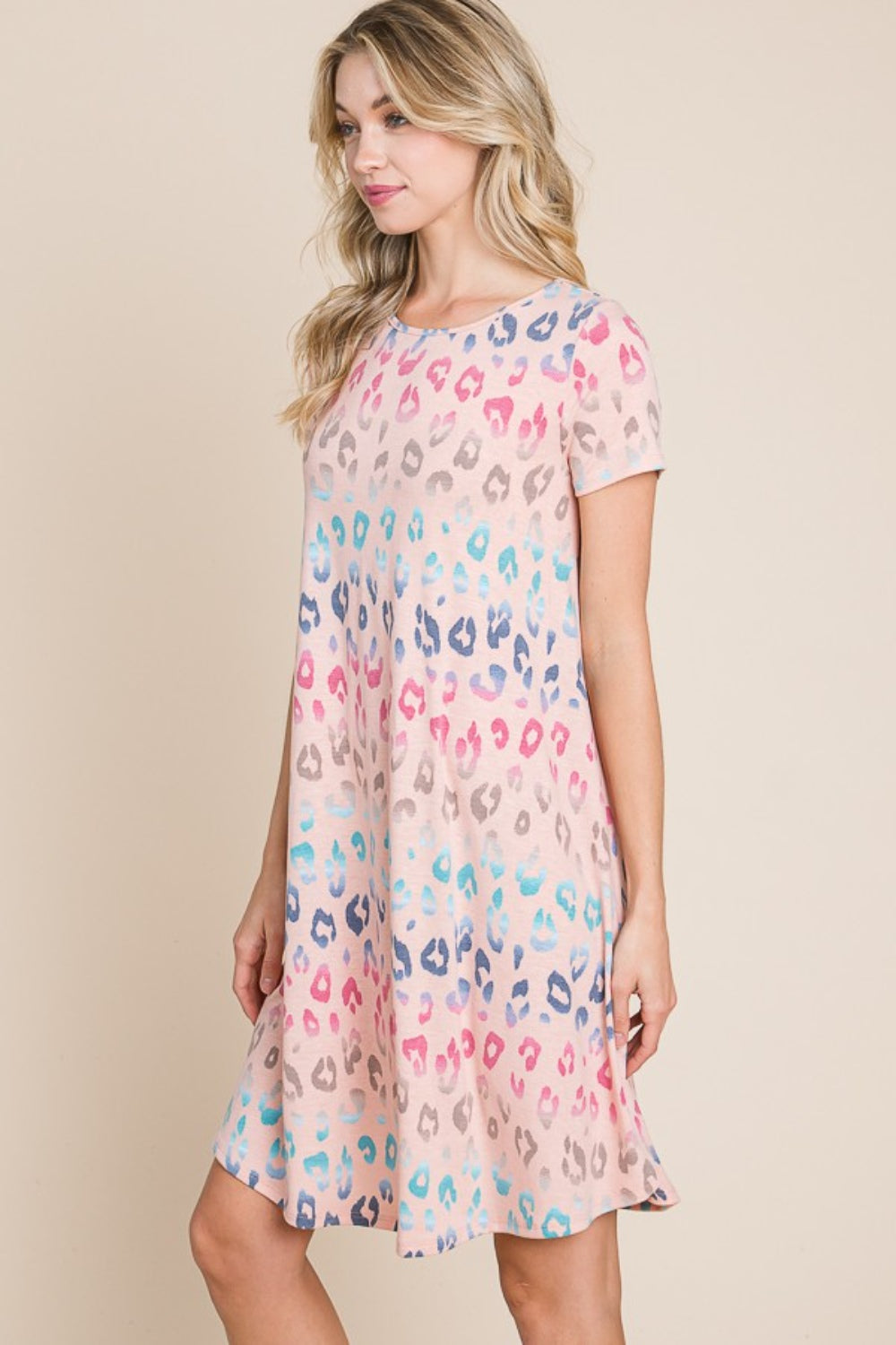 BOMBOM Leopard Round Neck Short Sleeve Dress - FabFemina