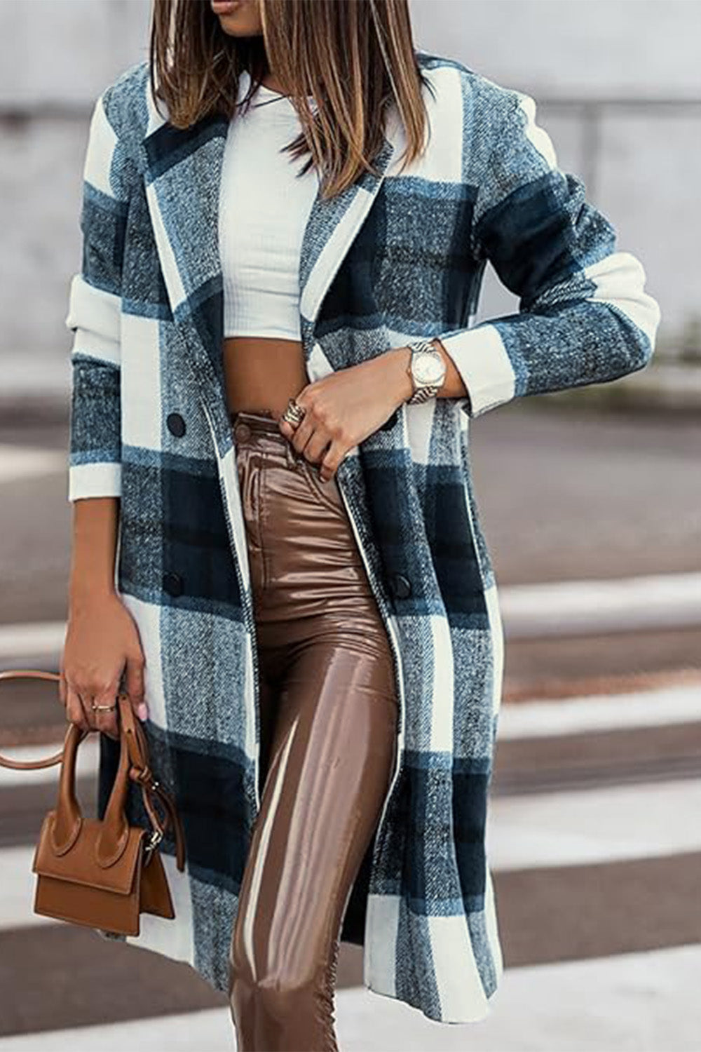 Double Take Full Size Plaid Button Up Lapel Collar Coat - FabFemina