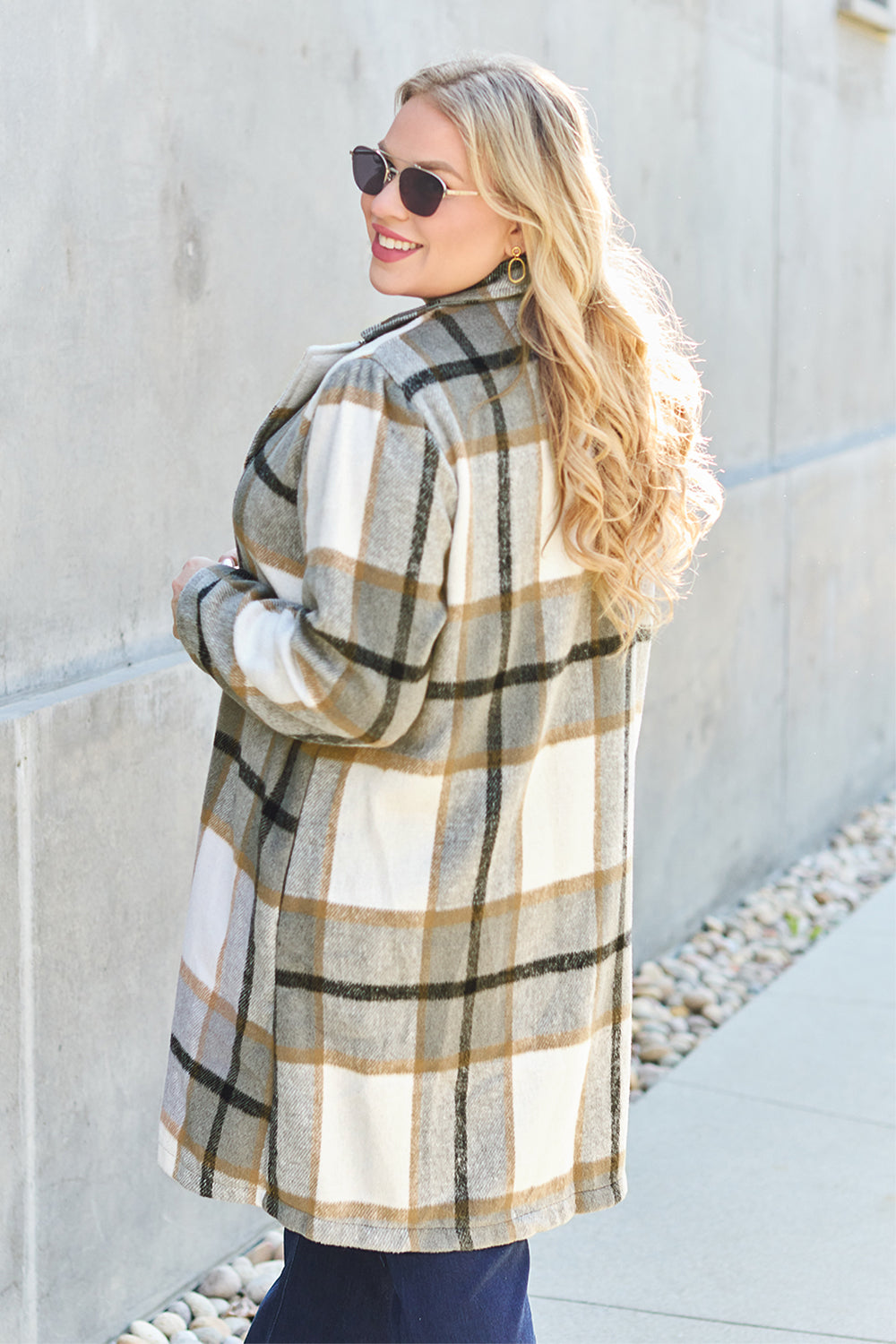 Double Take Full Size Plaid Button Up Lapel Collar Coat - FabFemina