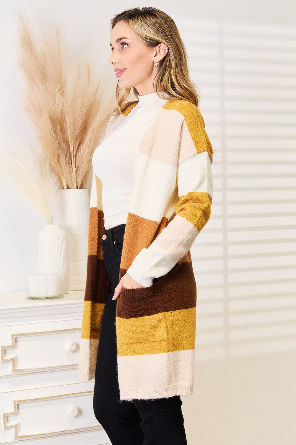 Woven Right Color Block Dropped Shoulder Cardigan - FabFemina