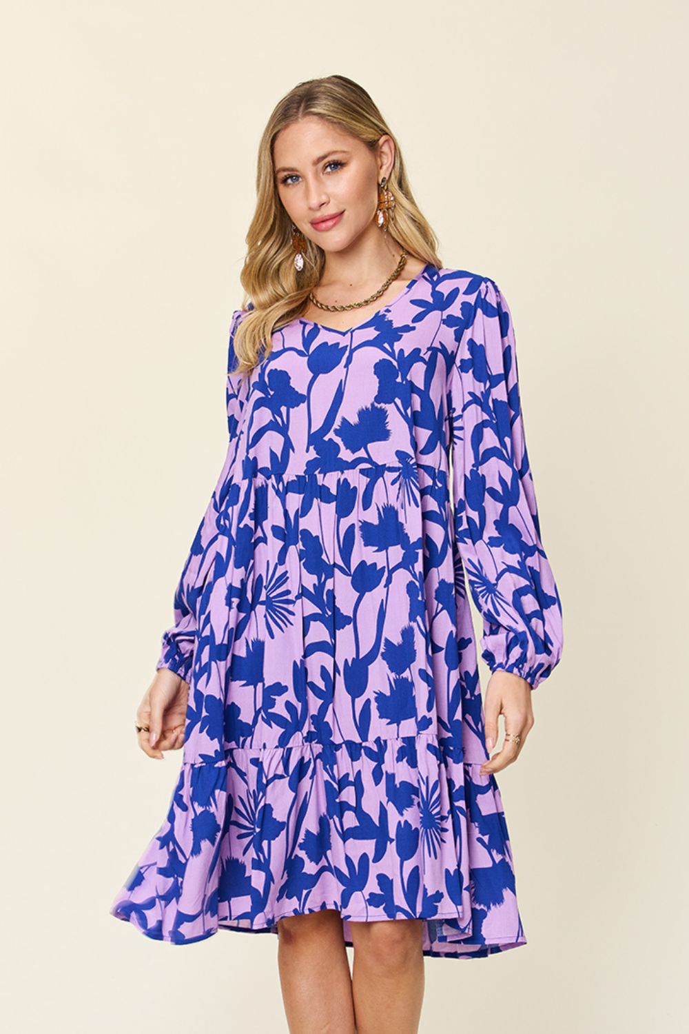 Double Take Full Size Printed Ruffle Hem Dress with Pocket - FabFemina