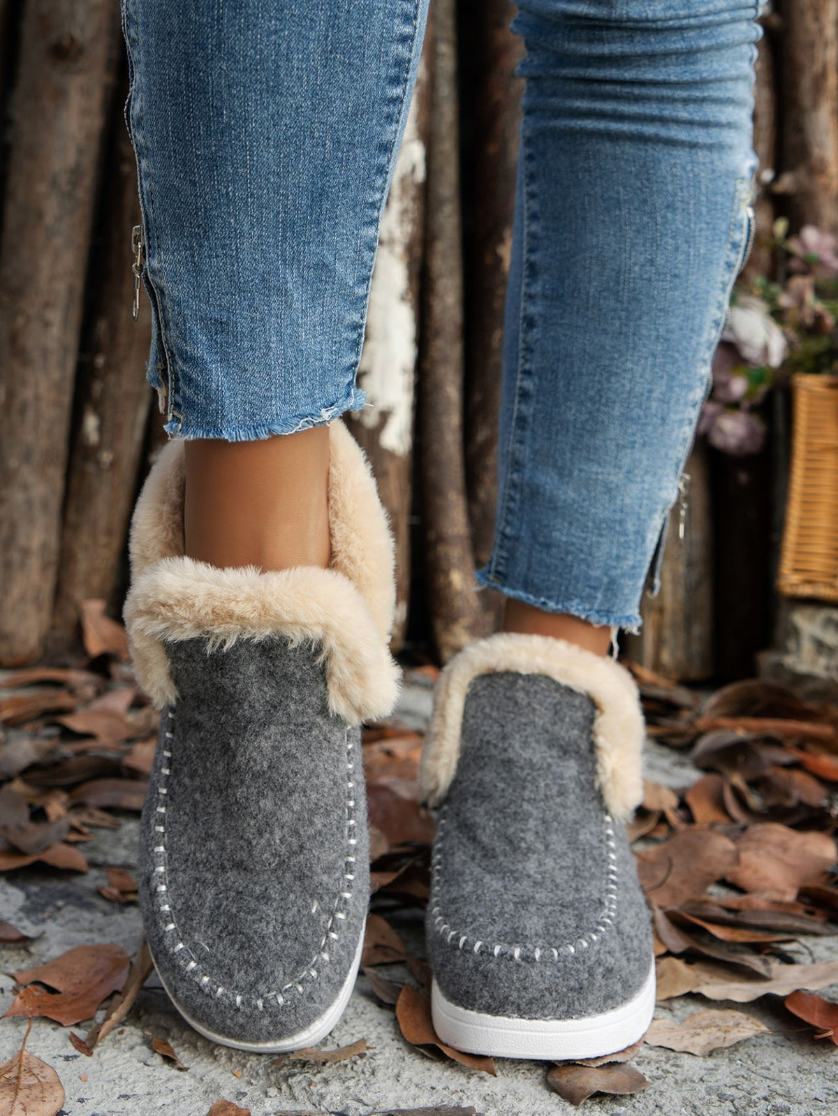 Furry Suede Round Toe Flat Sneakers - FabFemina