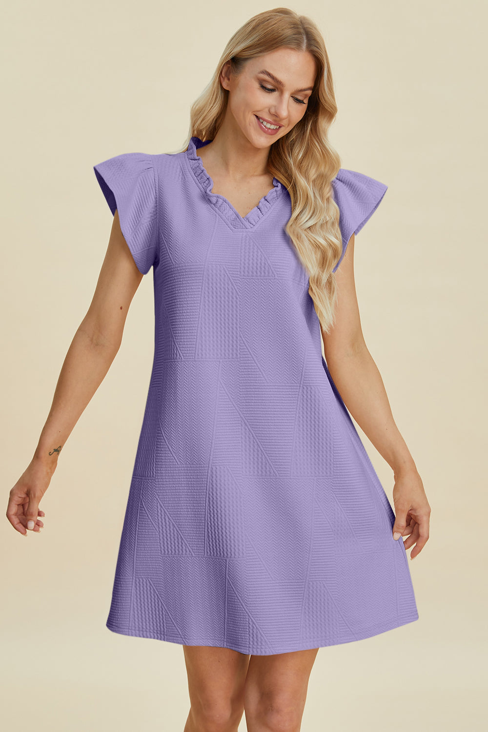 Double Take Full Size Ruffled V-Neck Cap Sleeve Dress - FabFemina