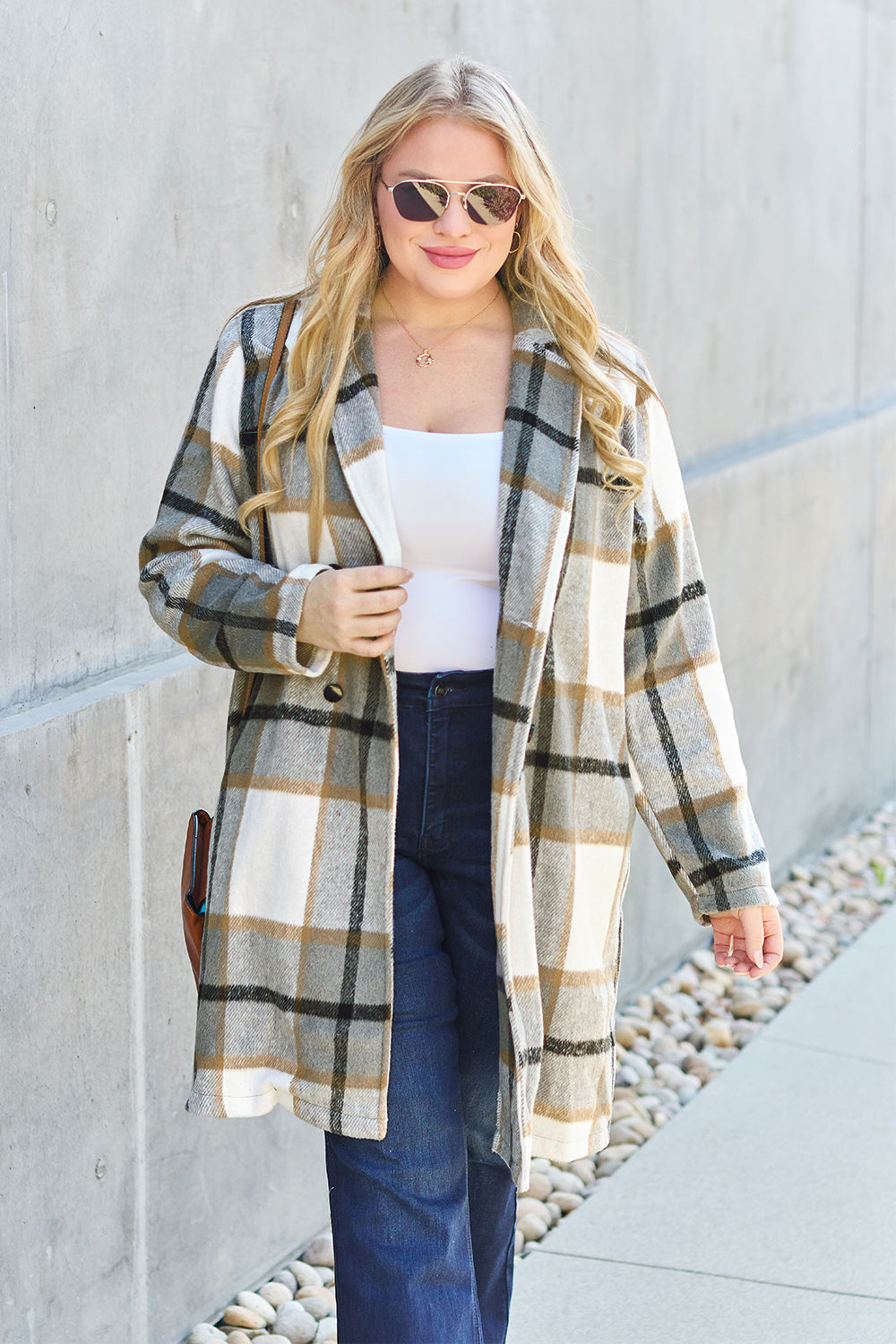 Double Take Full Size Plaid Button Up Lapel Collar Coat - FabFemina