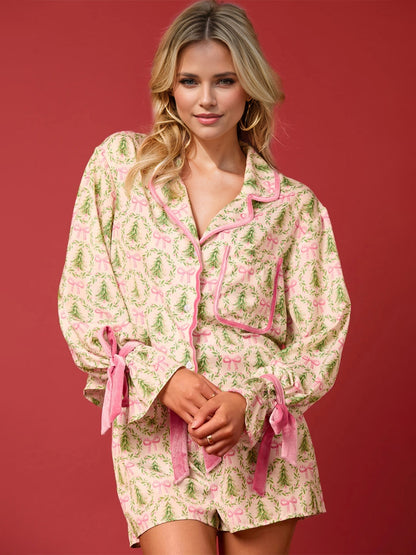 Tied Printed Collared Neck Long Sleeve Top and Shorts Set Christmas