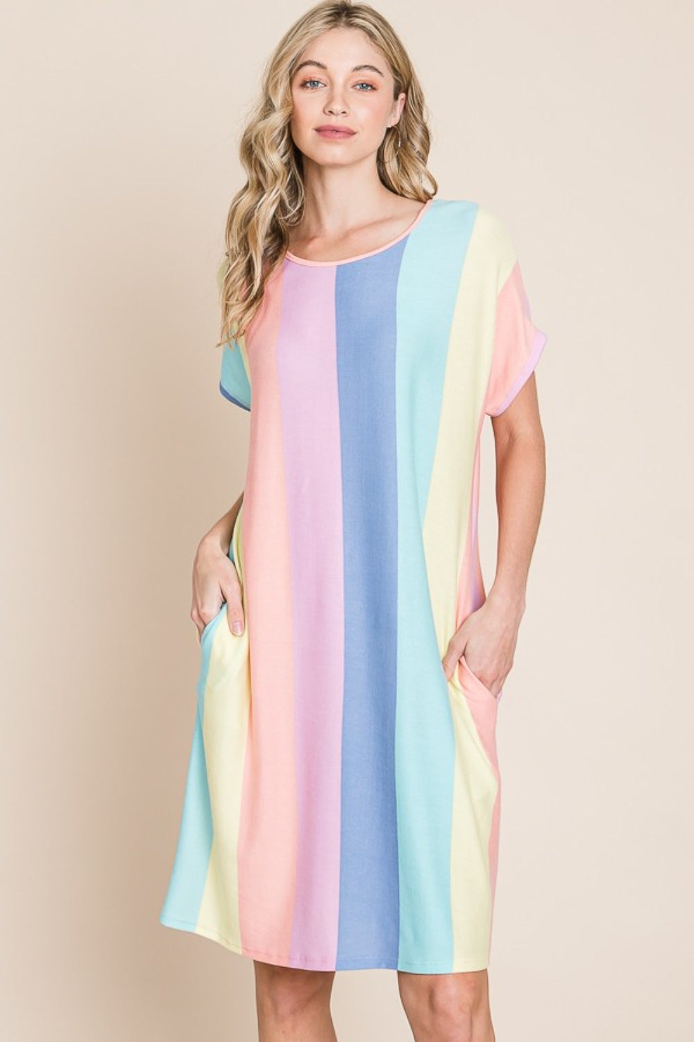 BOMBOM Striped Short Sleeve Dress with Pockets - FabFemina