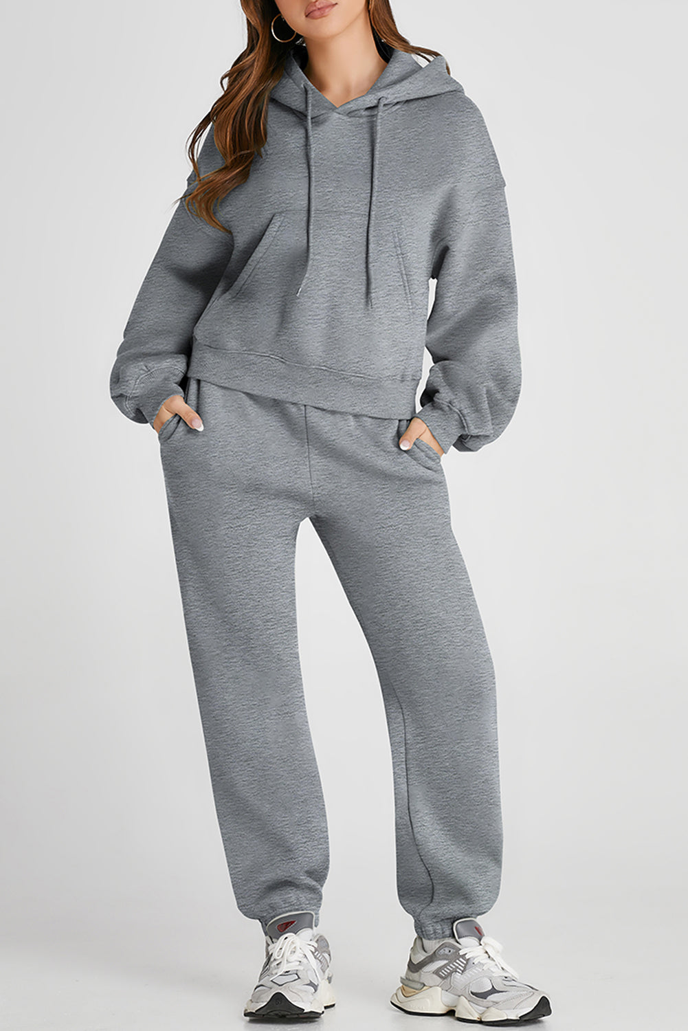 Dropped Shoulder Hooded Top and Pants Active Set - FabFemina