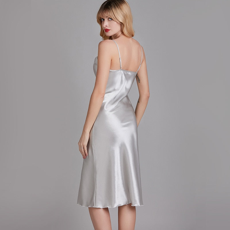 Silky Lady Nightdress Satin Spaghetti Strap Nightgown Intimate Lingerie Summer New Sleepwear White Nightwear Home Dressing Gown - FabFemina
