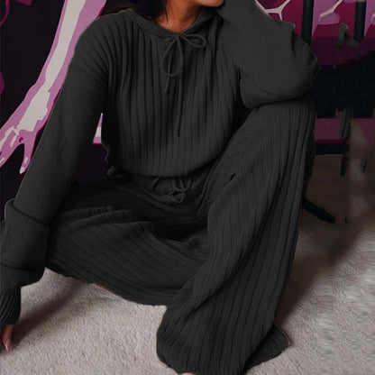 Knitted Hooded Warm Pajama Lounge Wear Set For Women - FabFemina
