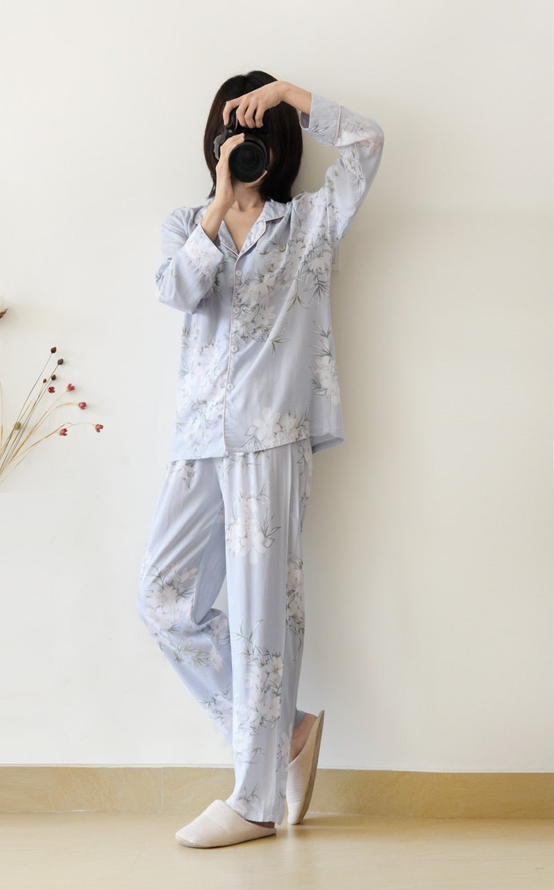 Japanese style cotton silk long-sleeved flower print pajamas set - FabFemina