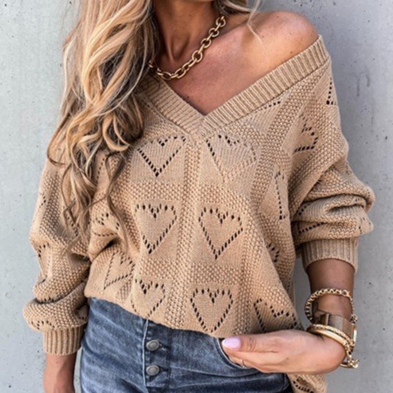 Women Autumn Winter Love Heart Hollow Crochet Sweater Loose V Neck Long Sleeve Casual Knitwear Jumper Rose Red/Pink/Khaki/White - FabFemina