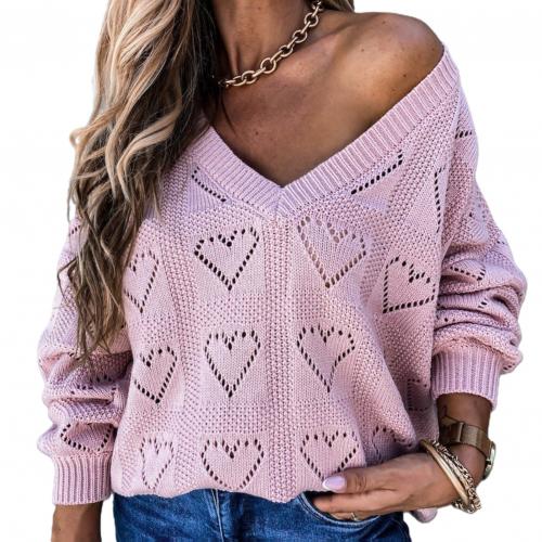 Women Autumn Winter Love Heart Hollow Crochet Sweater Loose V Neck Long Sleeve Casual Knitwear Jumper Rose Red/Pink/Khaki/White - FabFemina